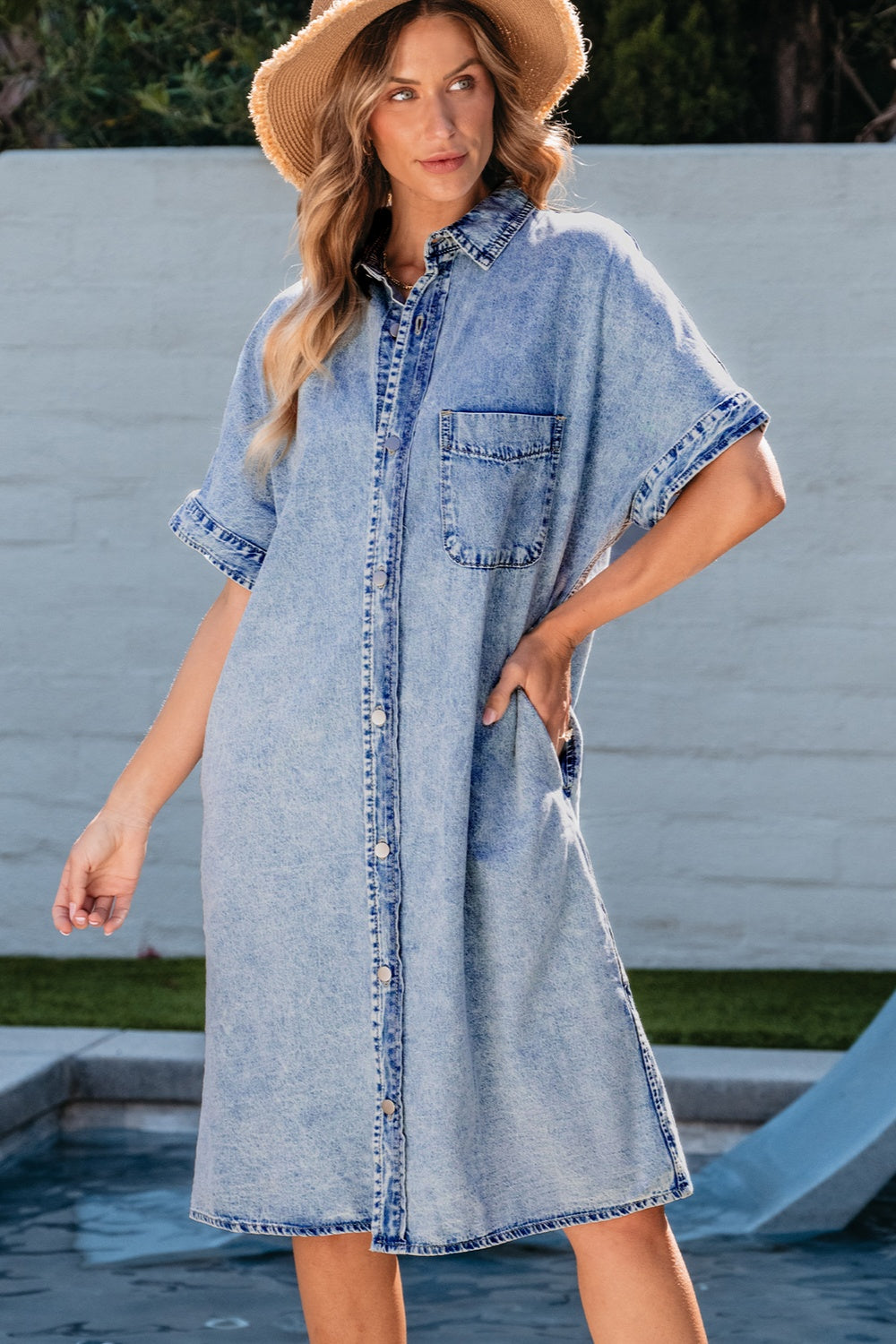 Pocketed Button Up Half Sleeve Denim Dress