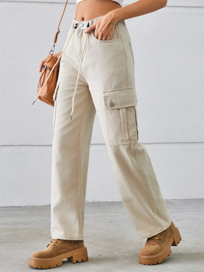 Drawstring Mid-Rise Waist Straight Cargo Jeans