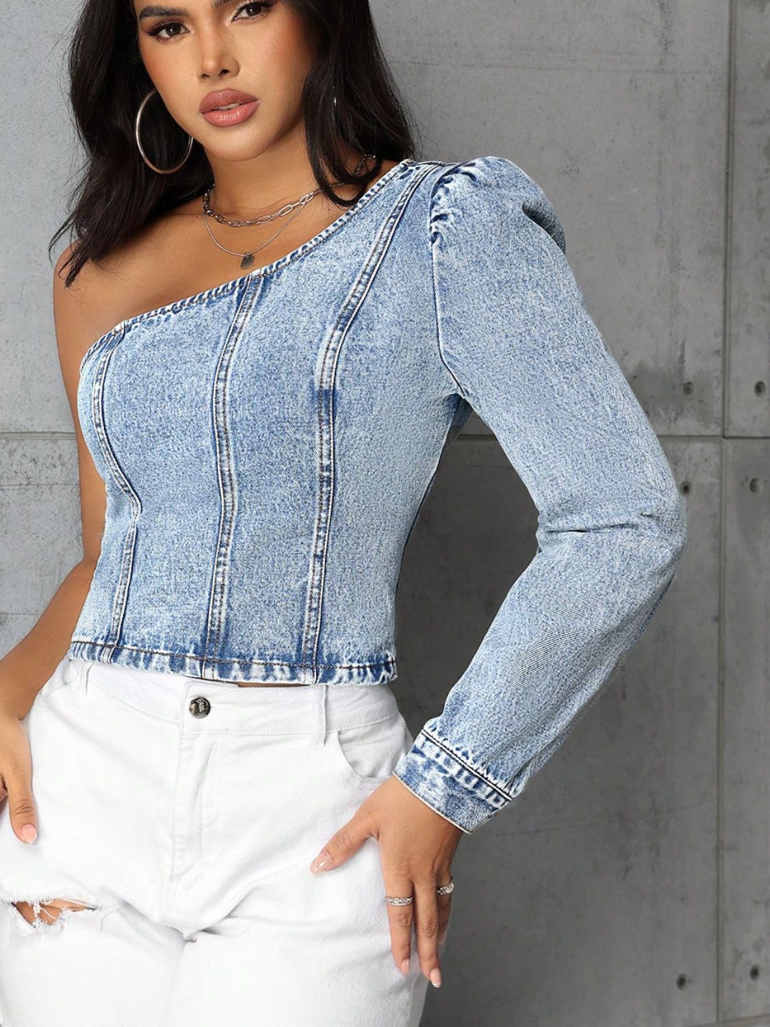 One Shoulder Sleeve Long Denim Top