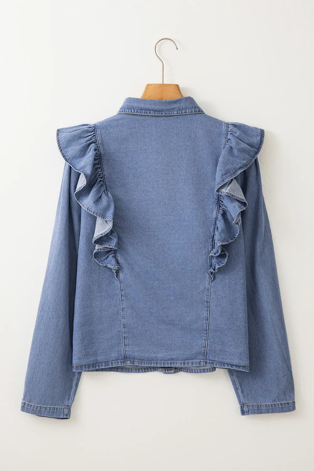 Ruffled Round Neck Long Sleeve Denim Top