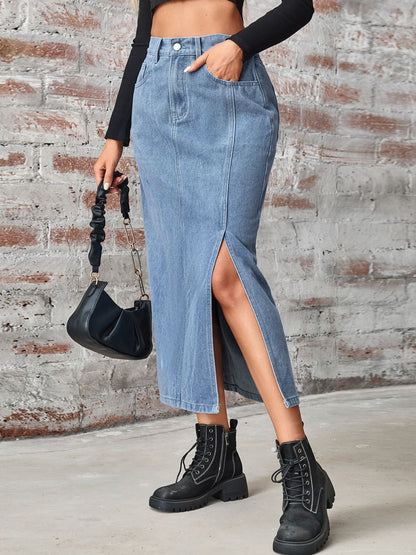 Slit High Waist Denim Skirt with Pockets