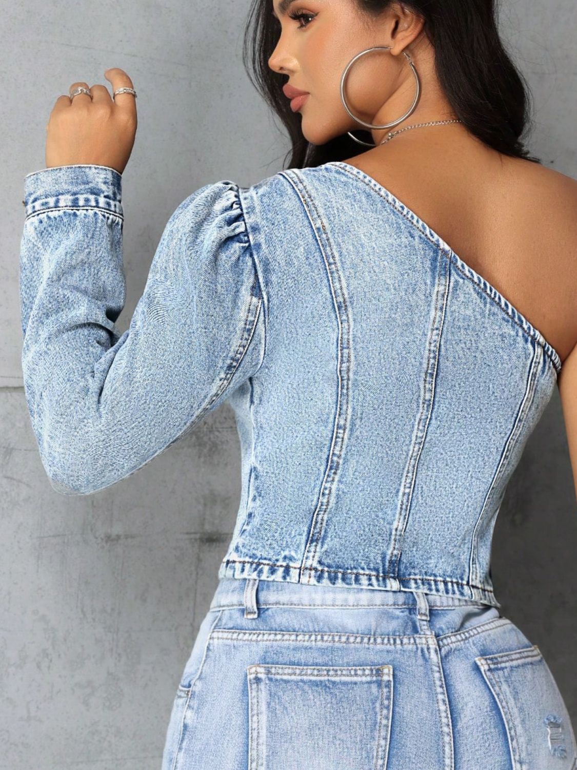 One Shoulder Sleeve Long Denim Top