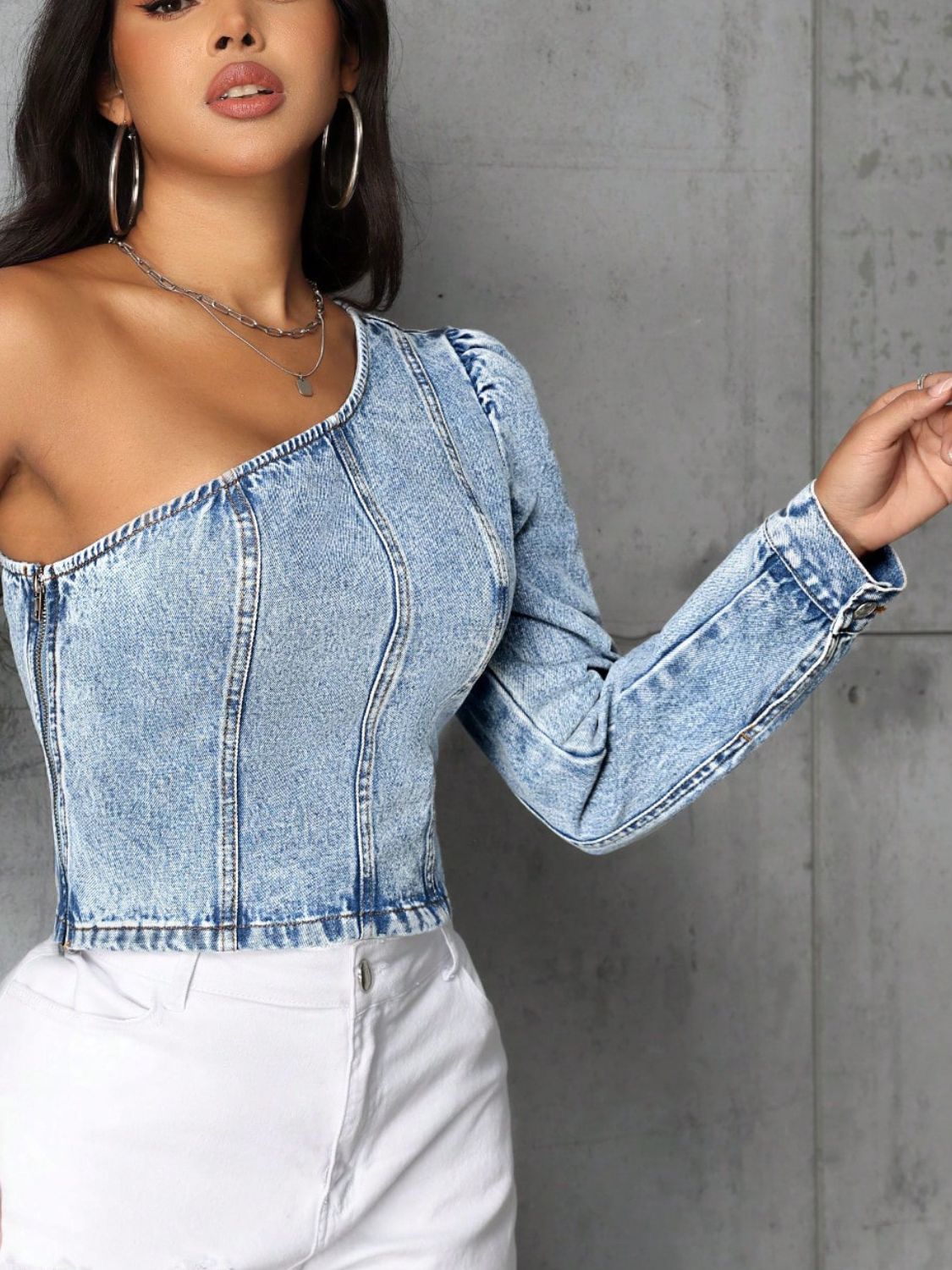 One Shoulder Sleeve Long Denim Top