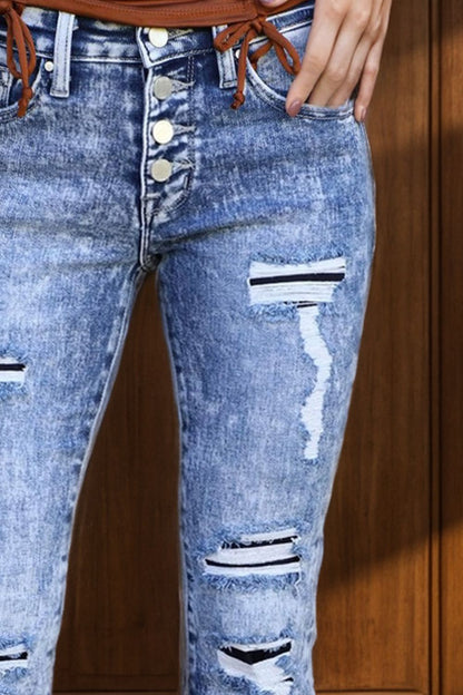 Distressed Button-Fly Bootcut Jeans with Pockets