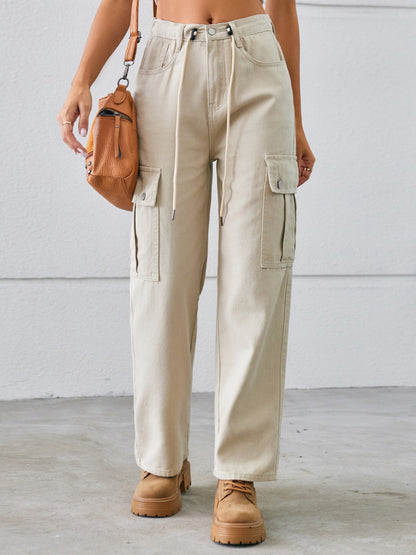 Drawstring Mid-Rise Waist Straight Cargo Jeans