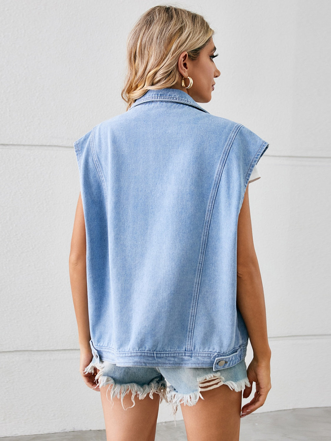 Pocketed Button Up Sleeveless Denim Jacket - Myfave Denim