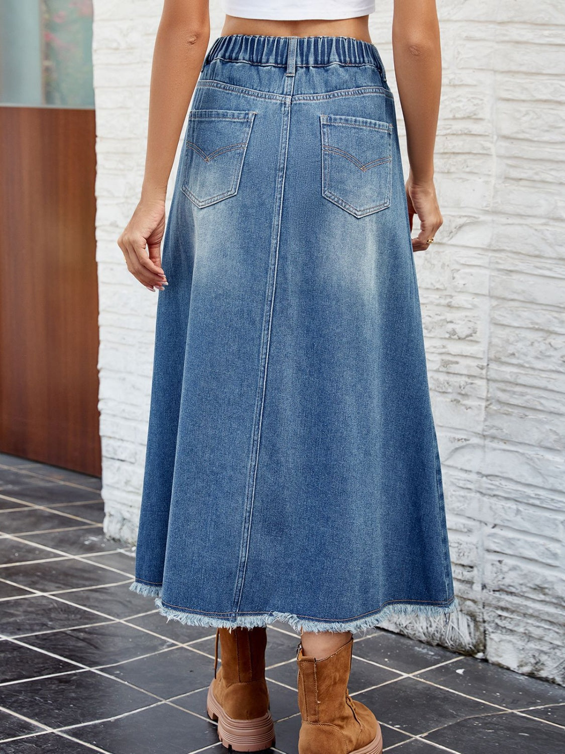 Raw Hem Buttoned Denim Skirt with Pockets - Myfave Denim