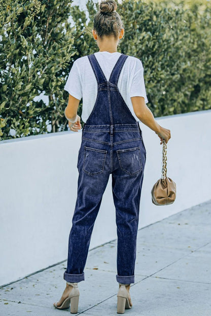 Pocketed Distressed Denim Overalls - Myfave Denim