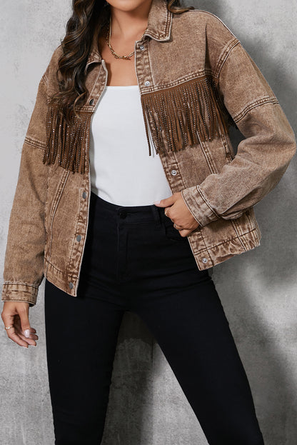 Fringe Trim Snap Down Denim Jacket - Myfave Denim