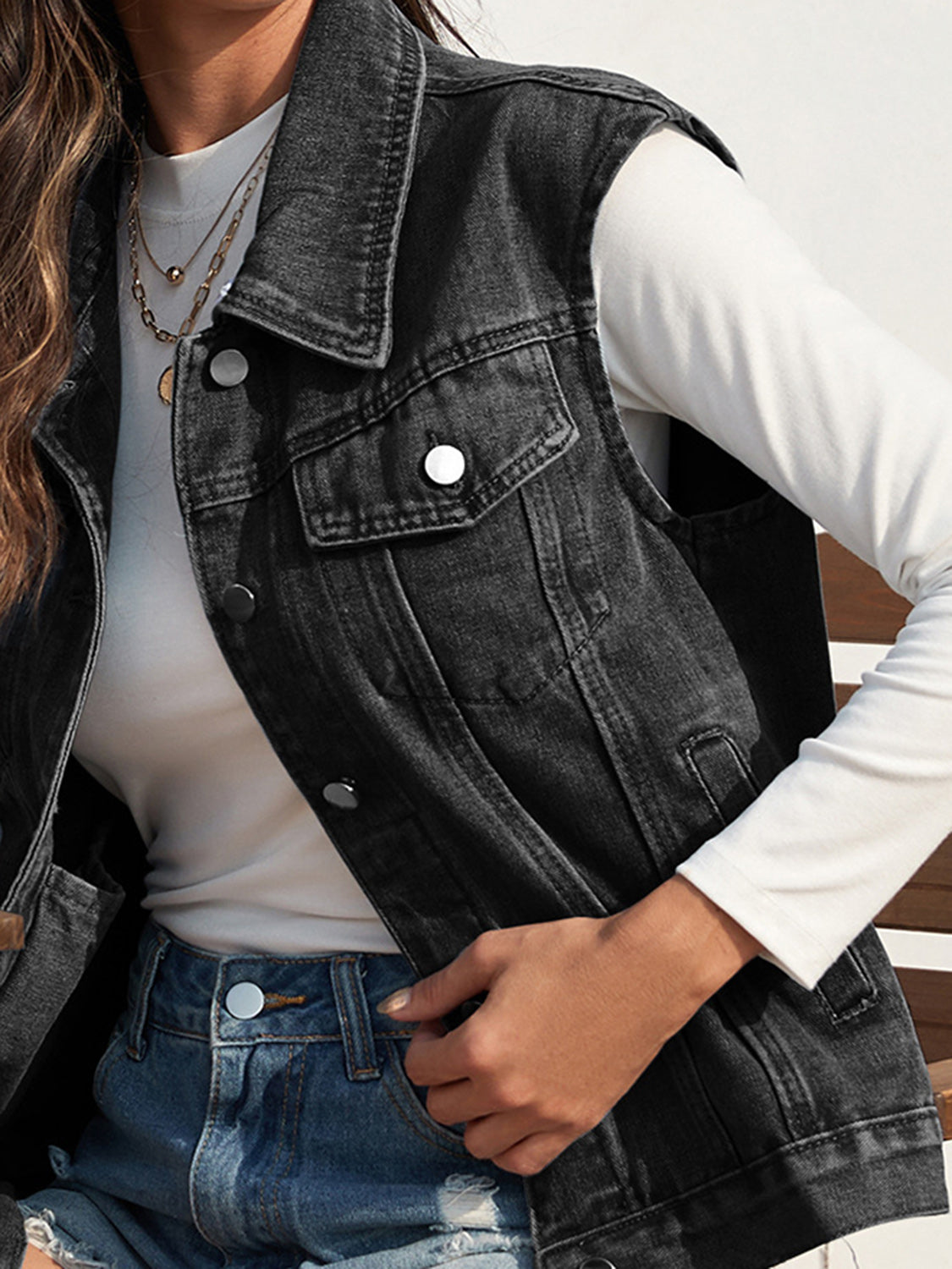 Collared Neck Sleeveless Denim Jacket - Myfave Denim