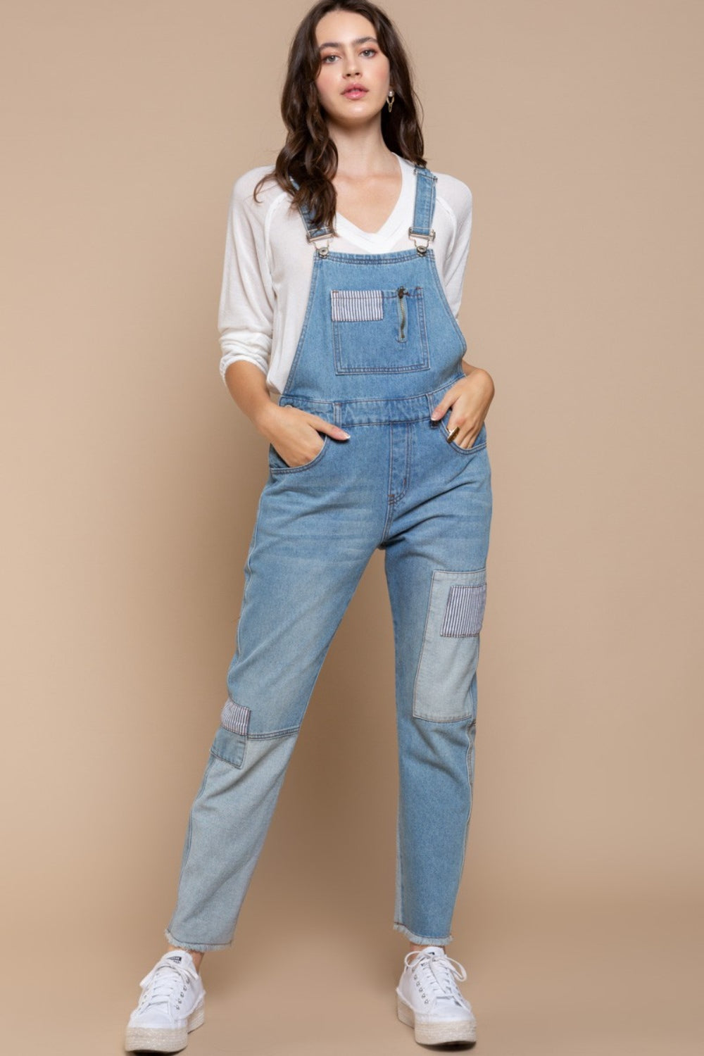 POL Front Chest Zipper Slim Leg Denim Overalls - Myfave Denim