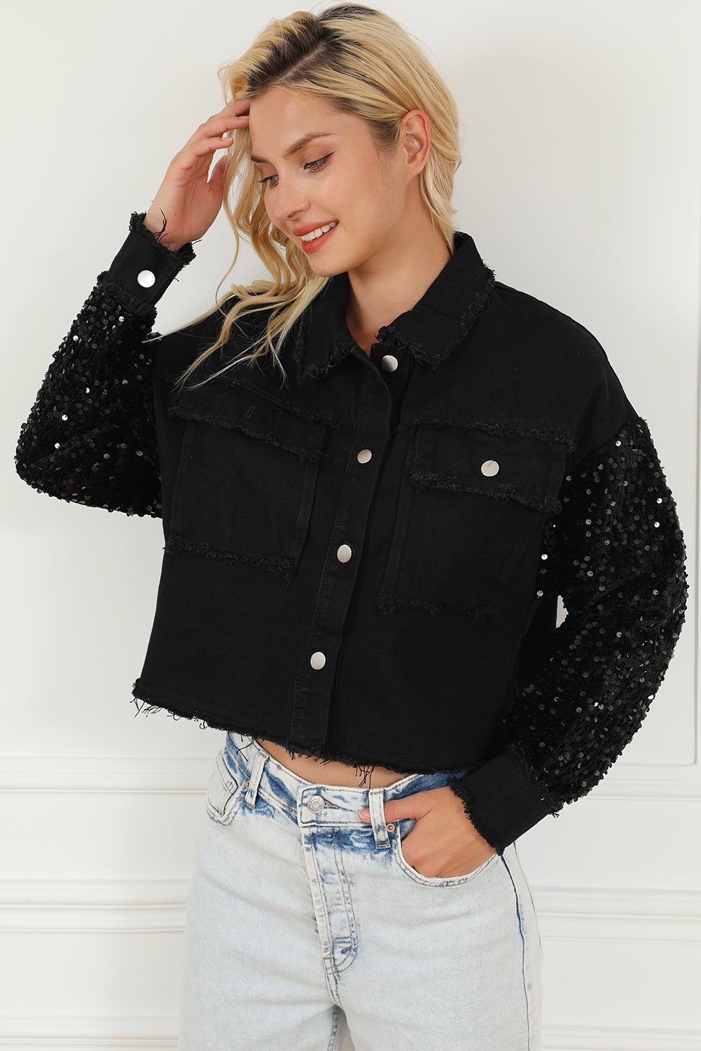 Sequin Button Up Raw Hem Denim Jacket - Myfave Denim