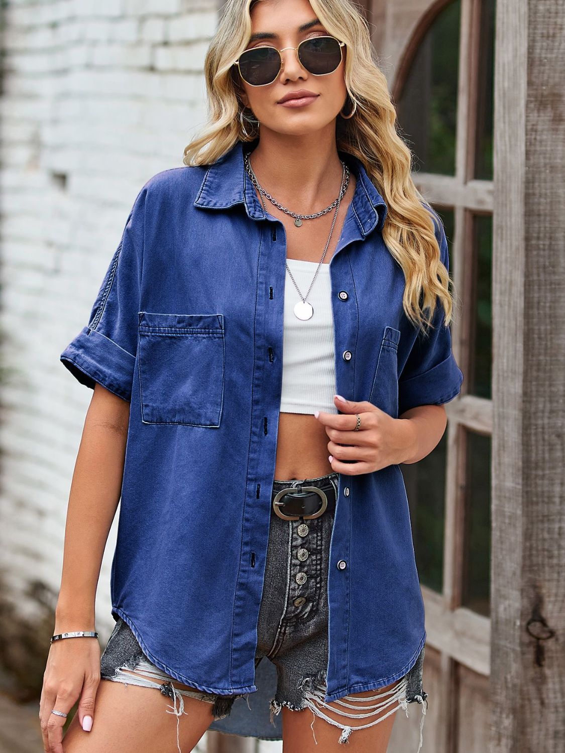 Collared Neck Denim Jacket with Pockets - Myfave Denim