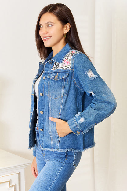 Baeful Leopard Floral Distressed Raw Hem Denim Jacket - Myfave Denim