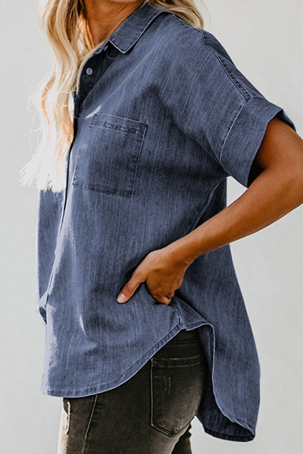 Pocketed Button Up Short Sleeve Denim Shirt - Myfave Denim