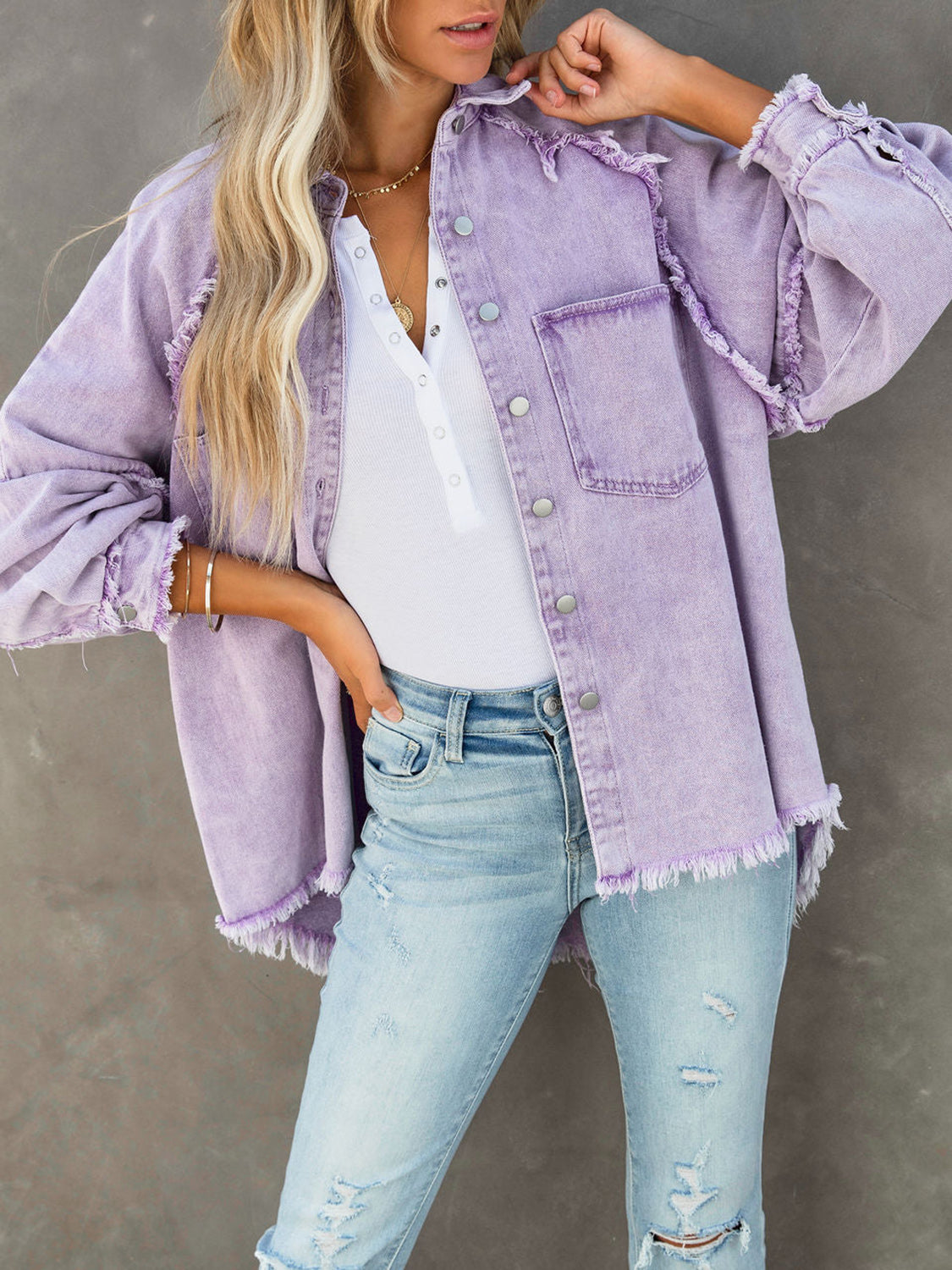 Button Down Raw Hem Denim Jacket - Myfave Denim