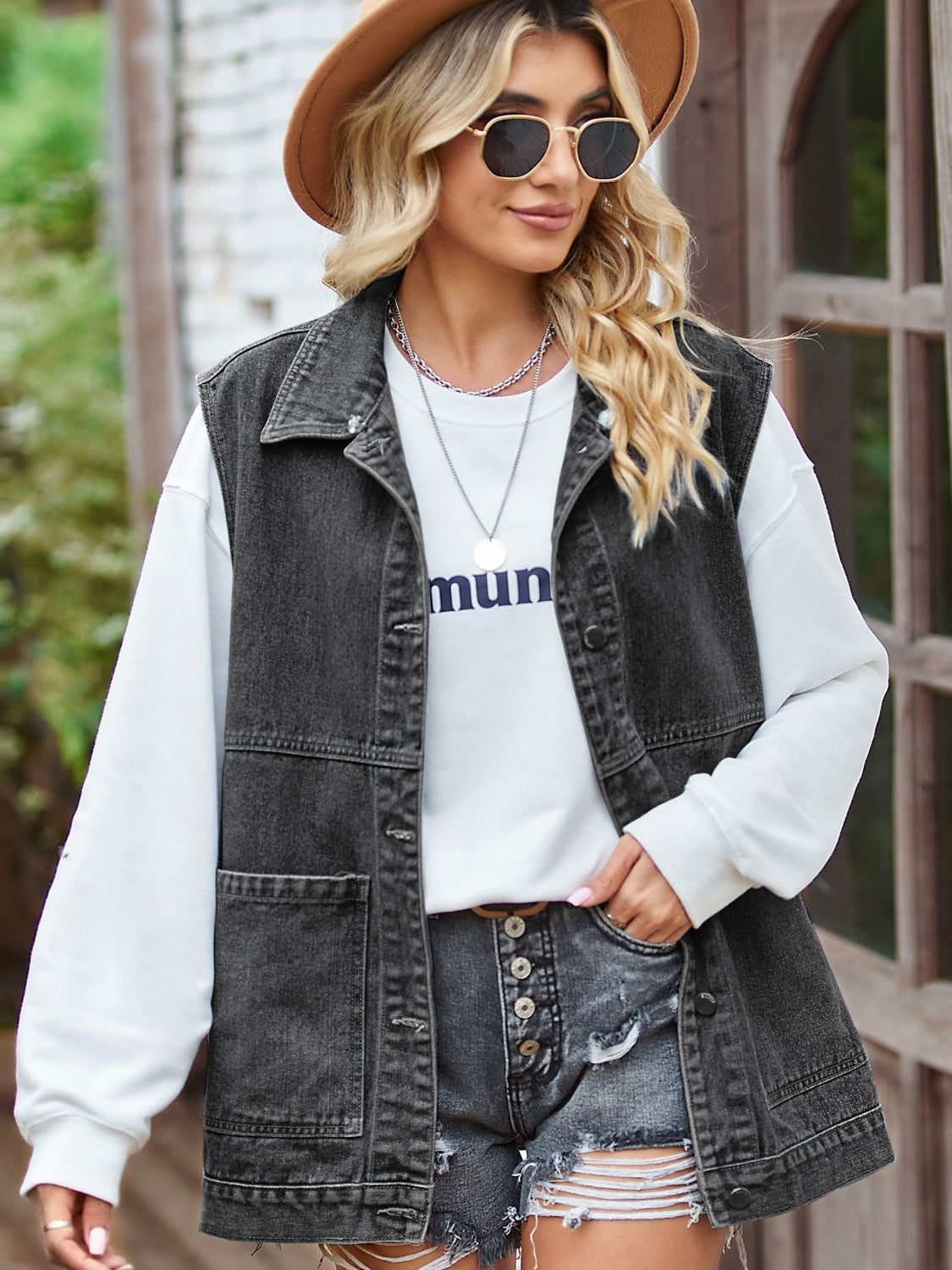 Button Front Sleeveless Denim Jacket - Myfave Denim