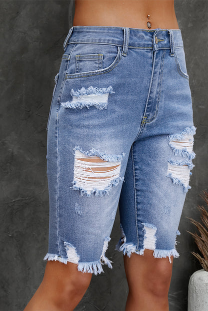 Distressed Frayed Hem Denim Bermuda Shorts - Myfave Denim