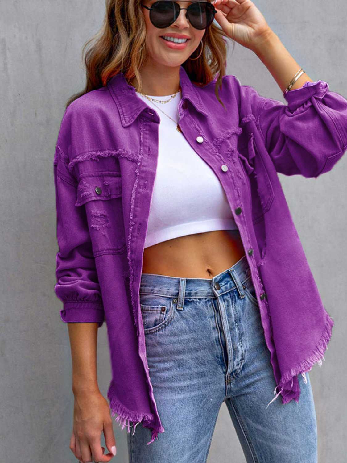 Distressed Drop Shoulder Denim Jacket - Myfave Denim