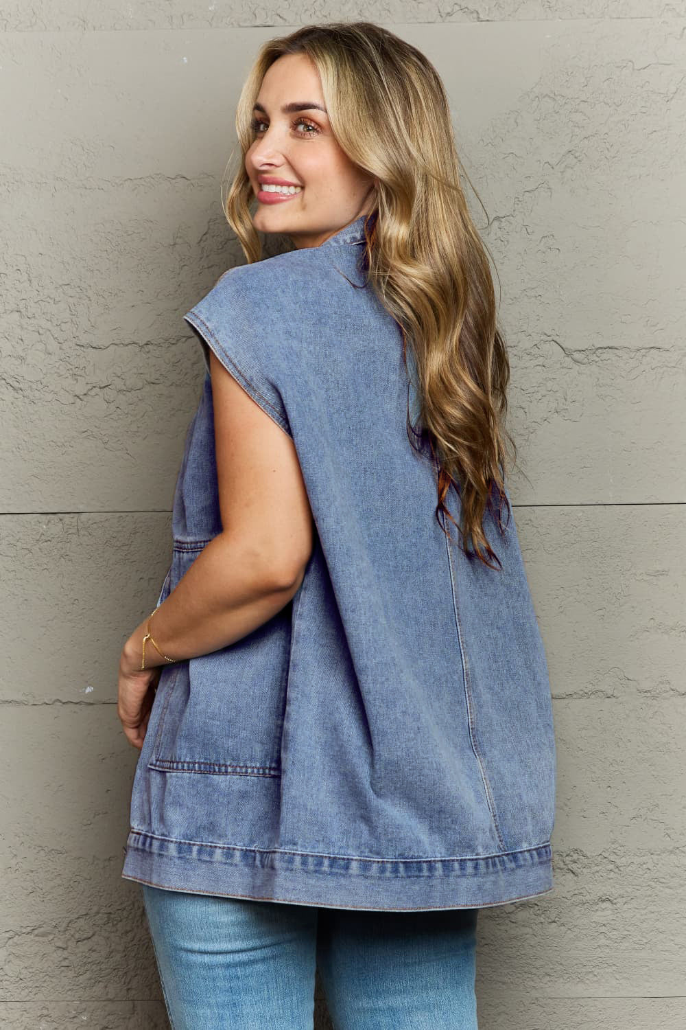 Collared Neck Sleeveless Denim Top with Pockets - Myfave Denim