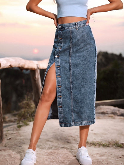 Button Down Denim Skirt - Myfave Denim