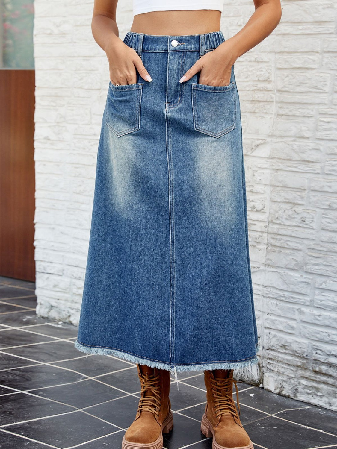 Raw Hem Buttoned Denim Skirt with Pockets - Myfave Denim