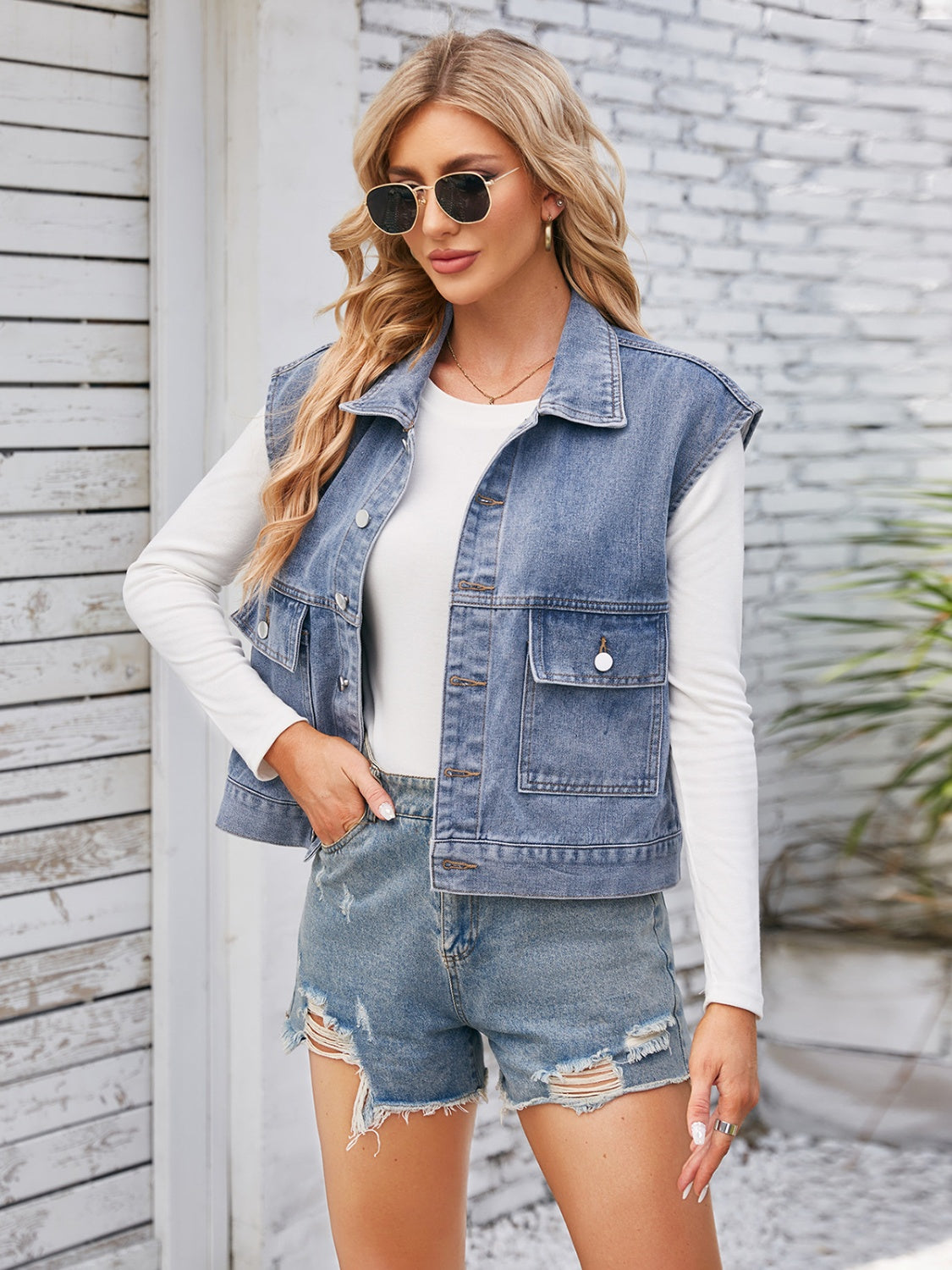 Cap Sleeve Denim Jacket with Pockets - Myfave Denim