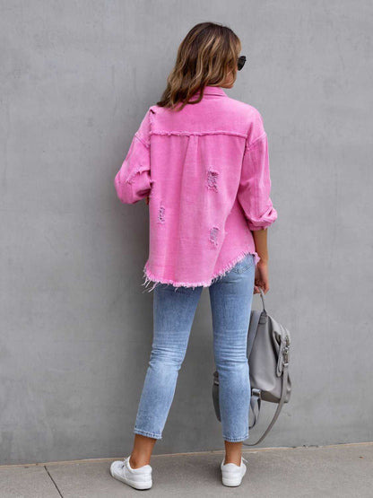 Distressed Drop Shoulder Denim Jacket - Myfave Denim