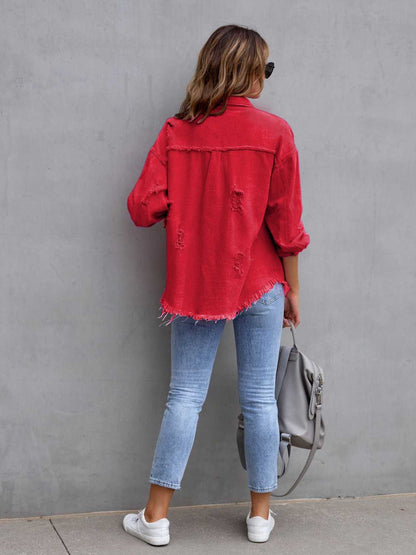 Distressed Drop Shoulder Denim Jacket - Myfave Denim