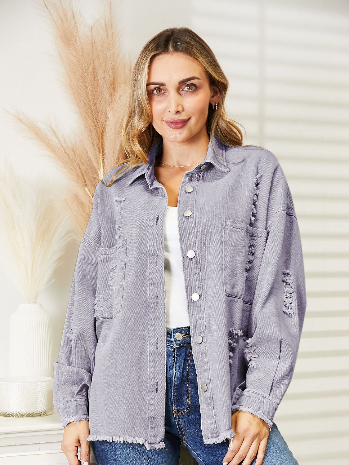 Distressed Raw Hem Denim Jacket - Myfave Denim