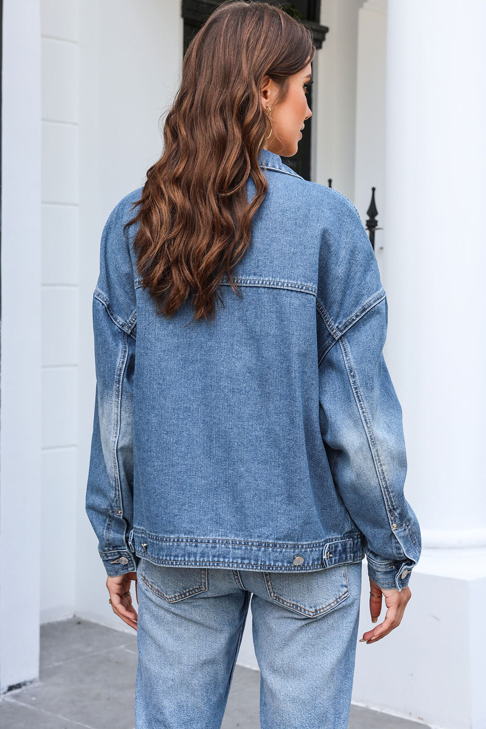 Button Up Dropped Shoulder Denim Jacket with Pockets - Myfave Denim