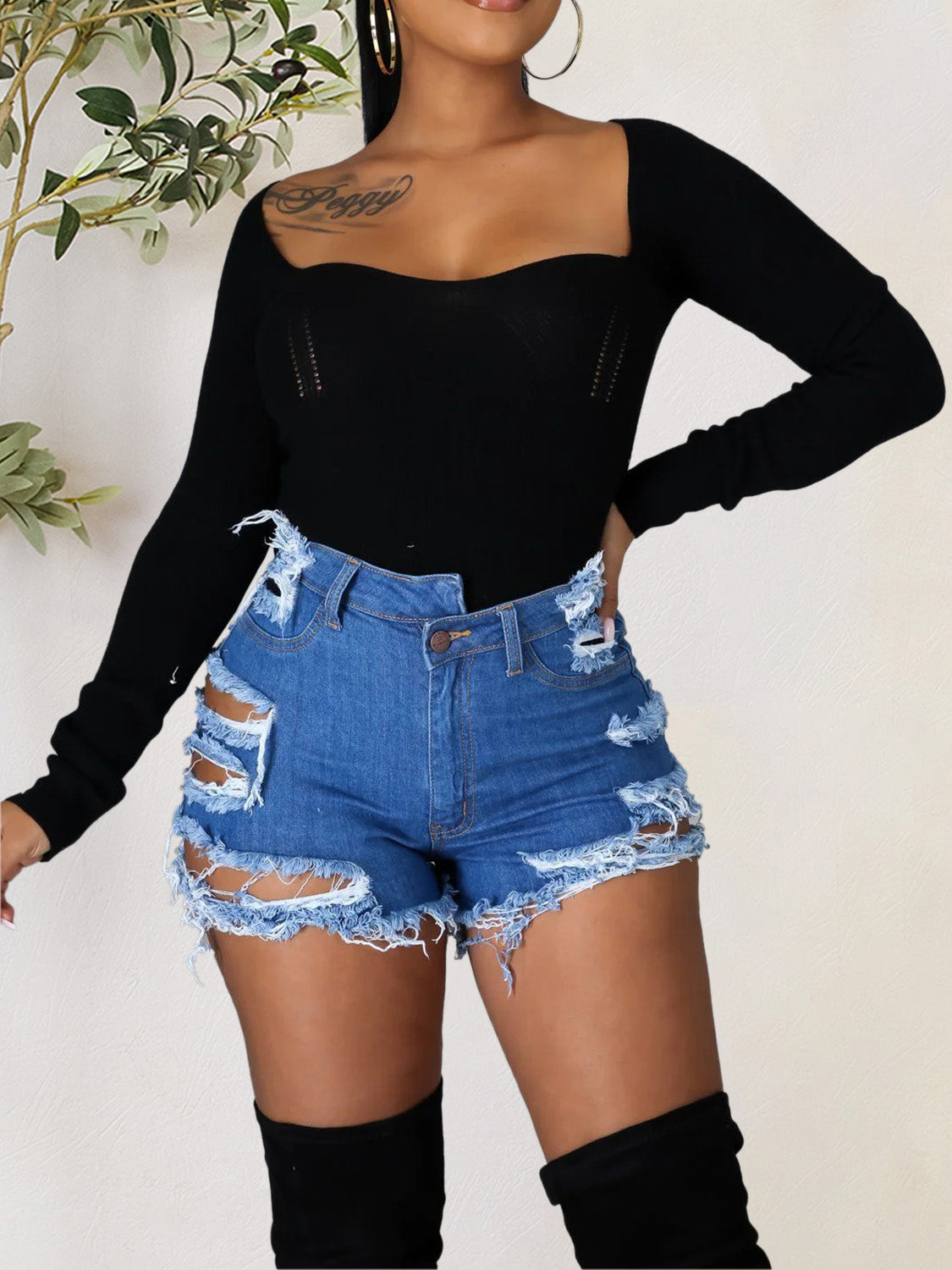 Distressed Raw Hem Denim Shorts with Pockets - Myfave Denim