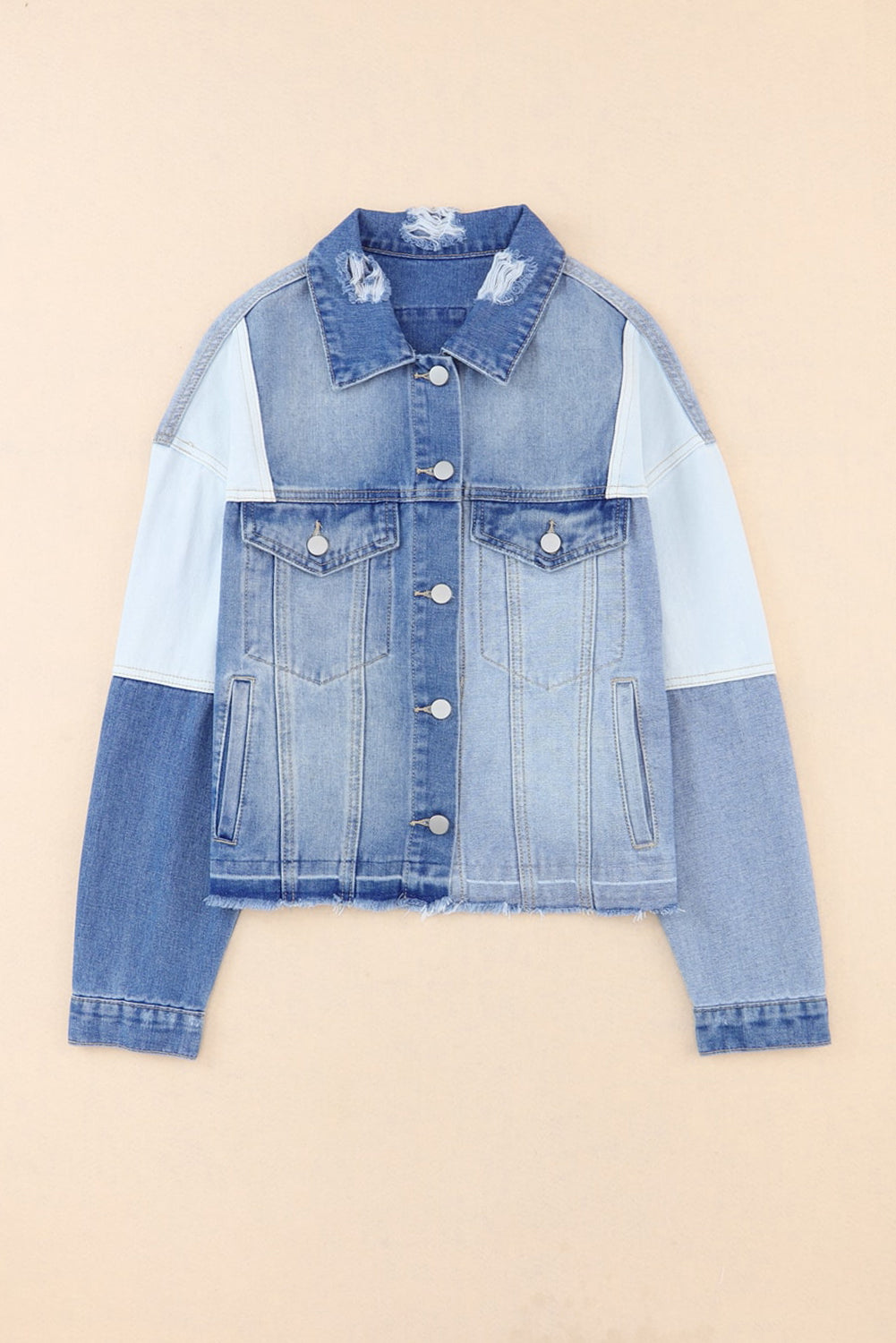 Color Block Distressed Button Up Denim Jacket - Myfave Denim