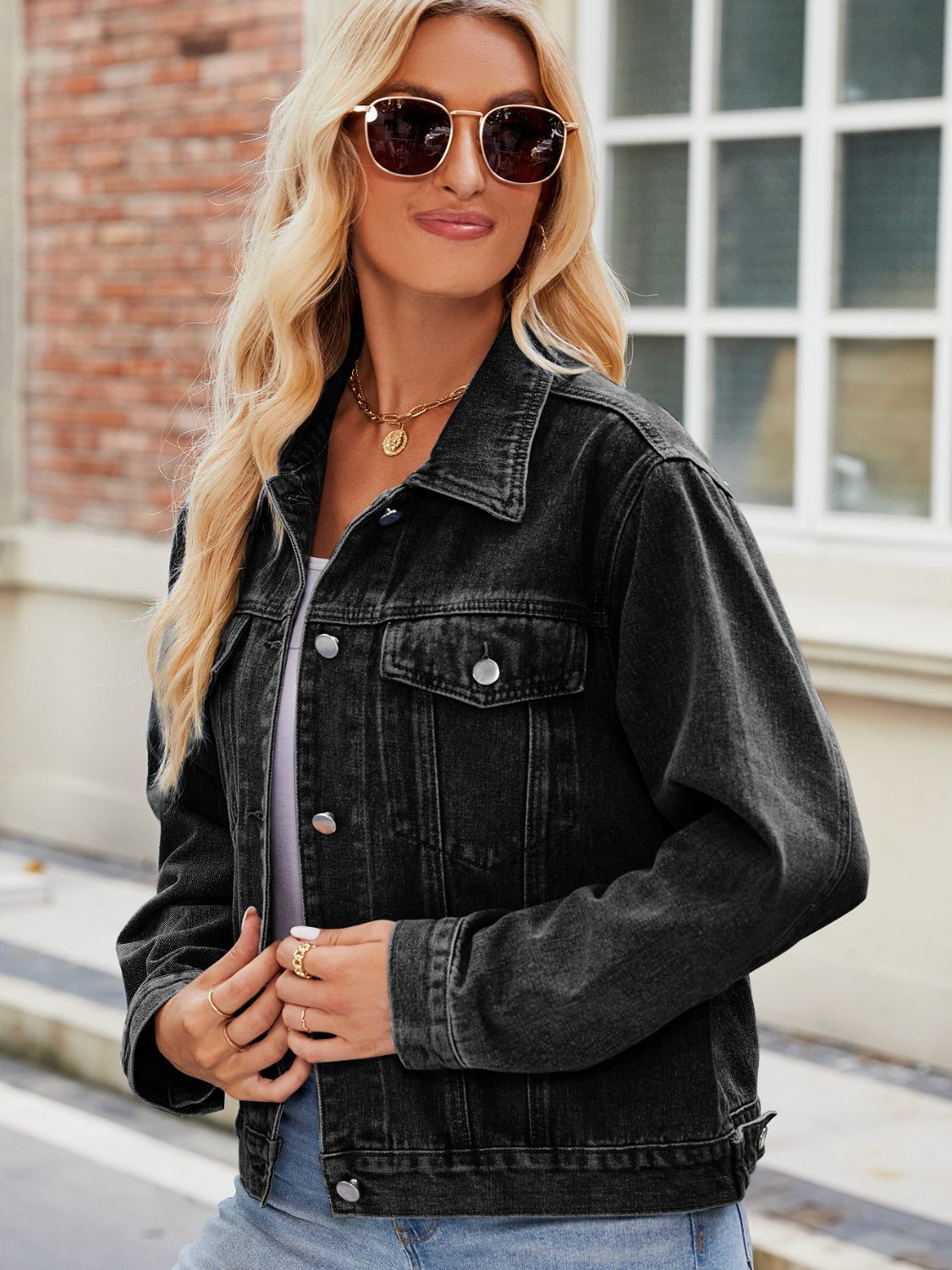 Pocketed Collared Neck Denim Jacket - Myfave Denim