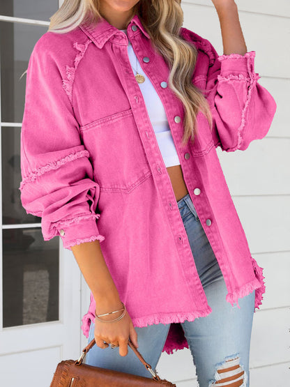 Button Down Raw Hem Denim Jacket - Myfave Denim