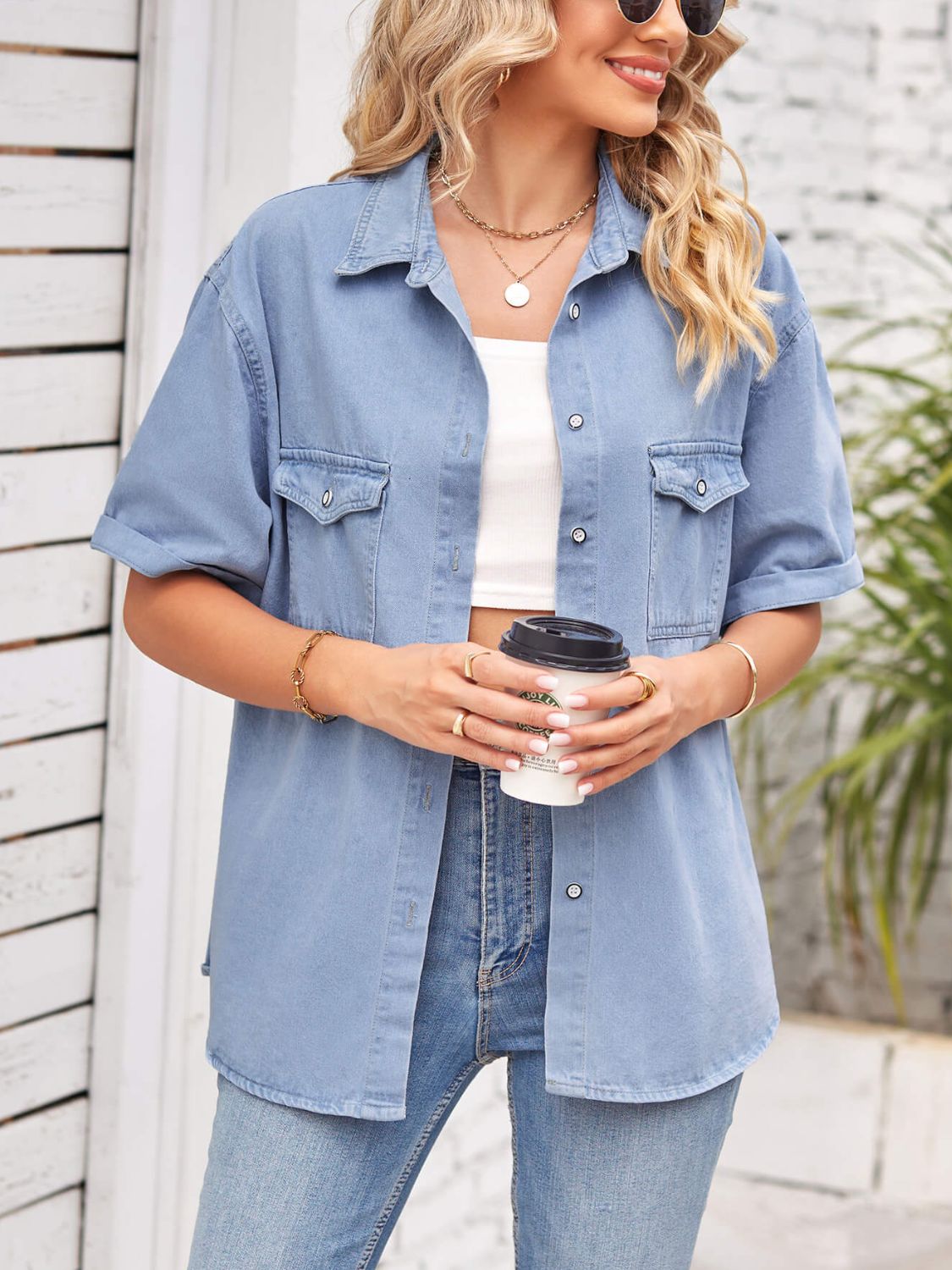 Collared Neck Short Sleeve Denim Jacket - Myfave Denim