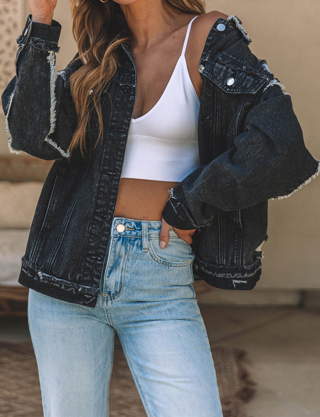 Button Up Raw Hem Distressed Denim Jacket - Myfave Denim