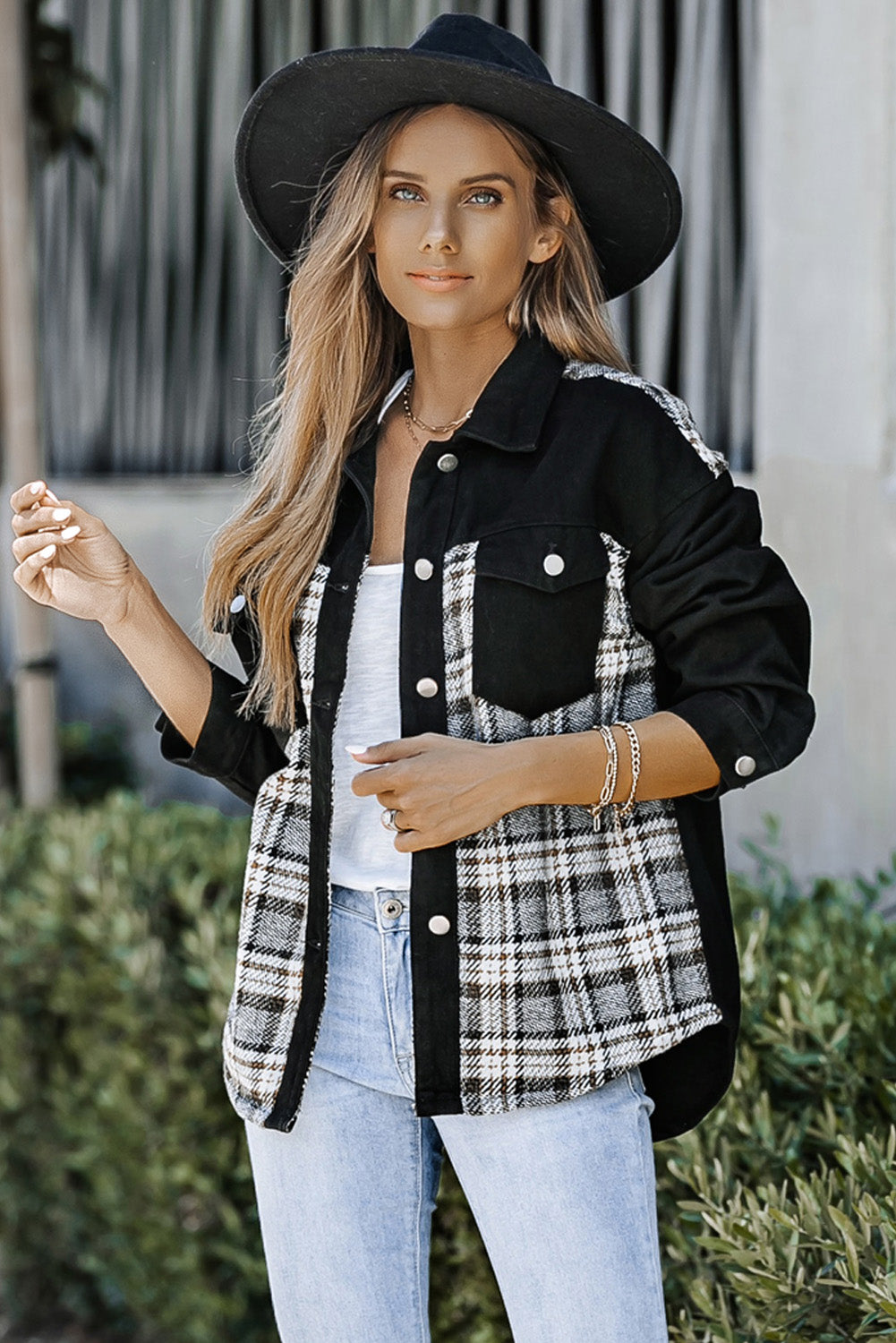 Plaid Pocketed Button Up Denim Jacket - Myfave Denim