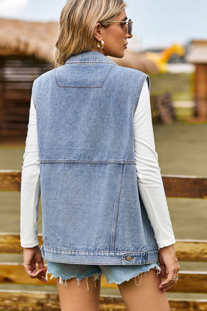 Sleeveless Collared Neck Denim Top with Pockets - Myfave Denim