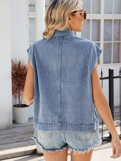 Pocketed Button Up Sleeveless Denim Jacket - Myfave Denim