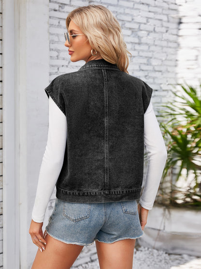 Cap Sleeve Denim Jacket with Pockets - Myfave Denim