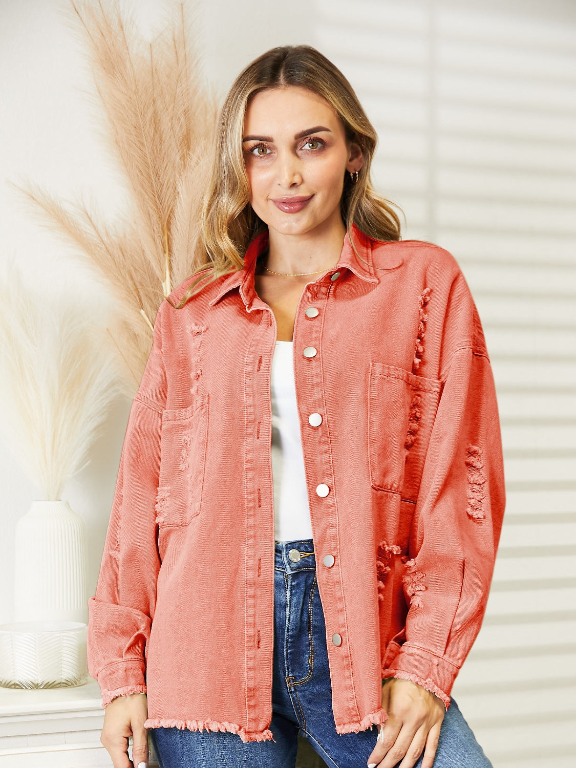 Distressed Raw Hem Denim Jacket - Myfave Denim