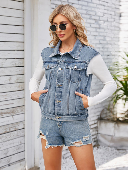 Button Up Cap Sleeve Denim Jacket - Myfave Denim