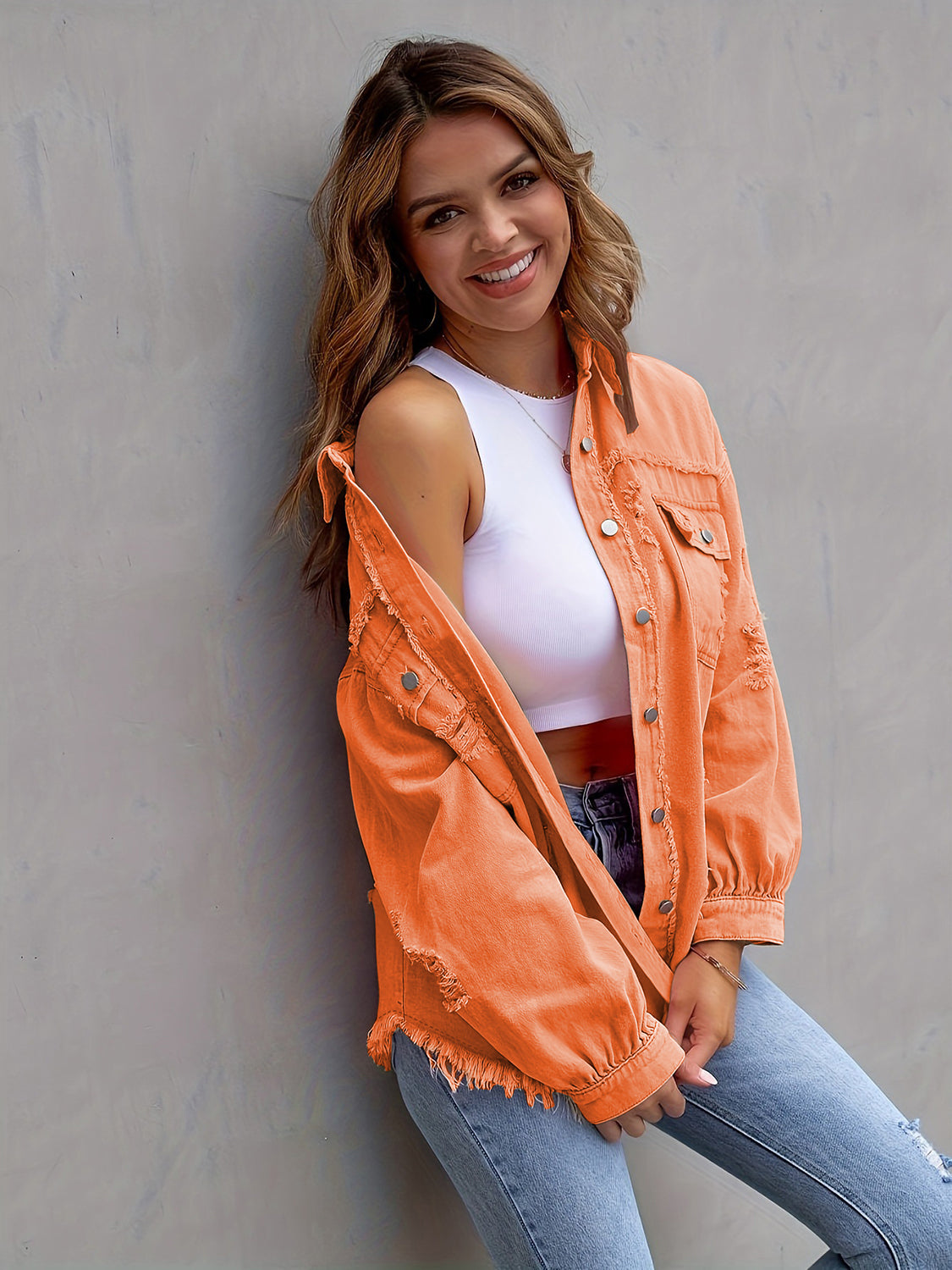 Distressed Drop Shoulder Denim Jacket - Myfave Denim