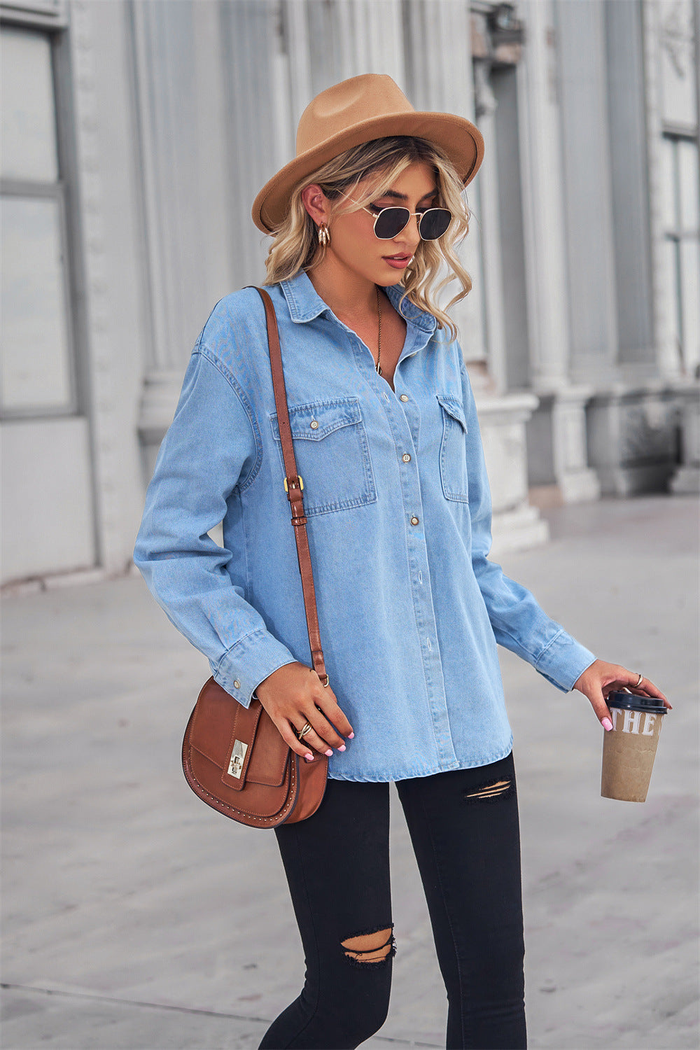 Collared Neck Dropped Shoulder Denim Top - Myfave Denim