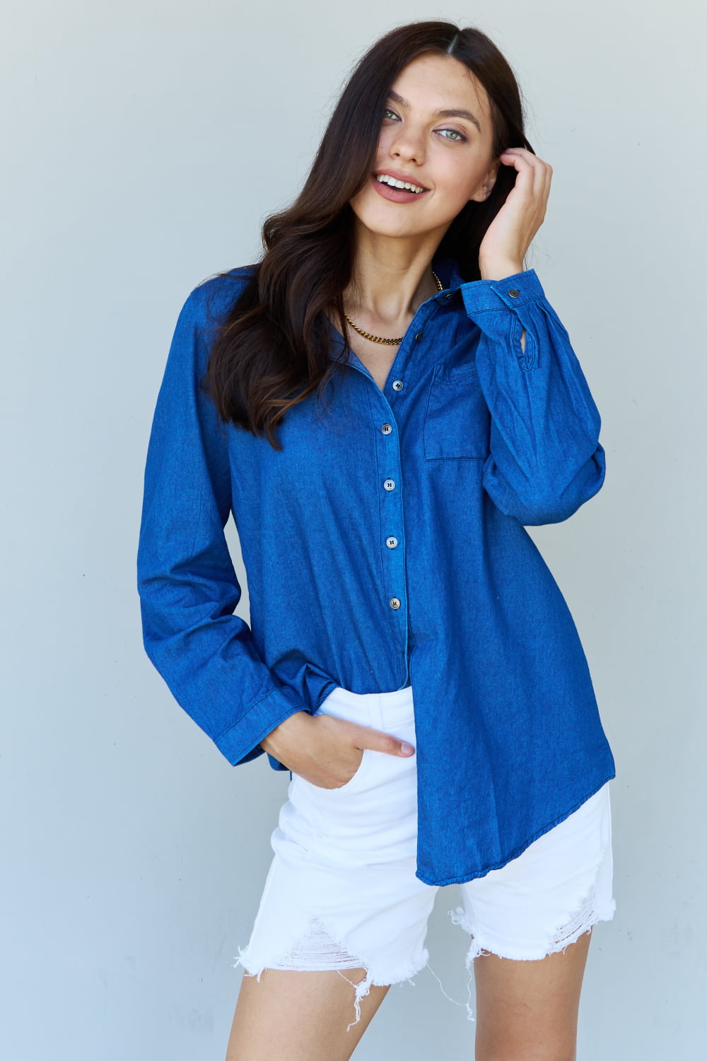 Doublju Blue Jean Baby Denim Button Down Shirt Top in Dark Blue - Myfave Denim