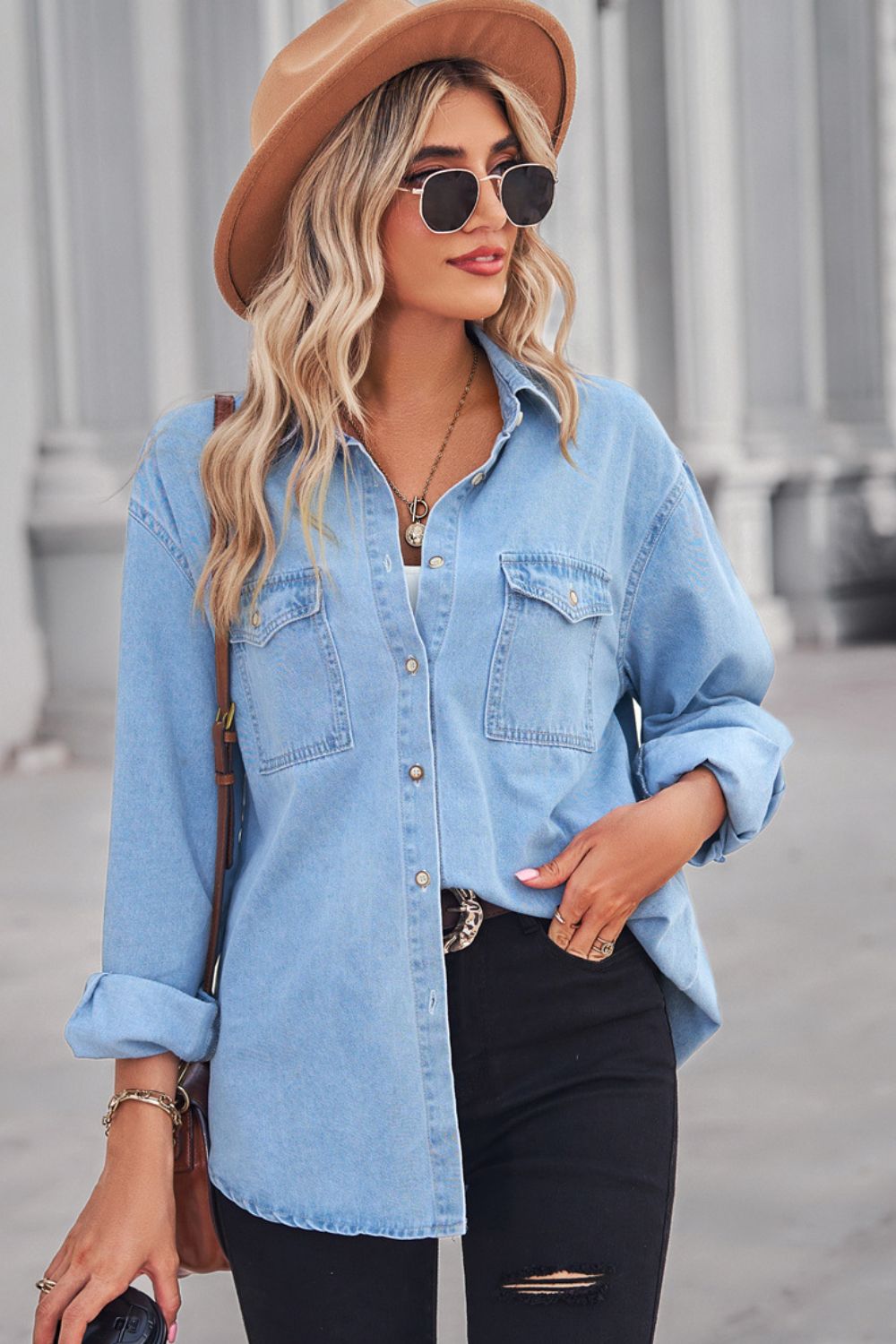 Collared Neck Dropped Shoulder Denim Top - Myfave Denim