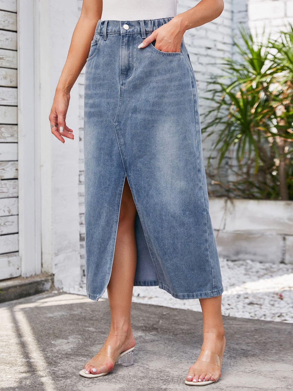 Slit Midi Denim Skirt with Pockets - Myfave Denim