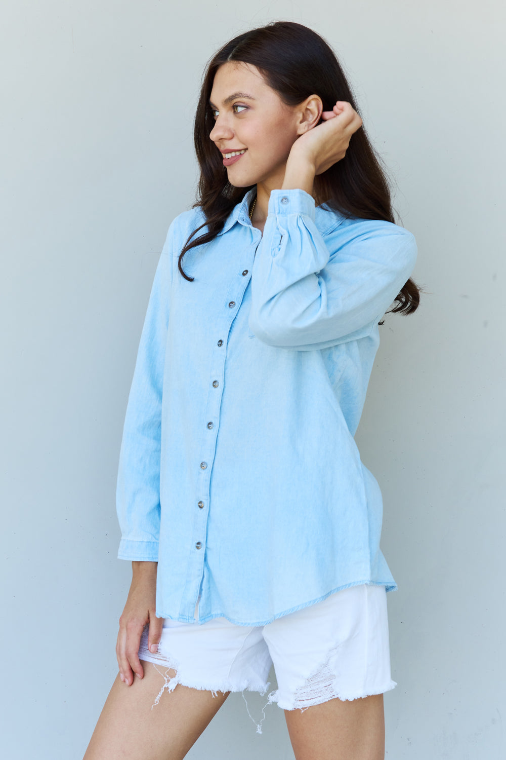 Doublju Blue Jean Baby Denim Button Down Shirt Top in Light Blue - Myfave Denim