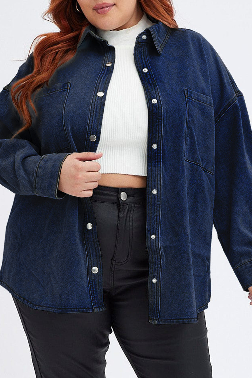 Plus Size Snap Down Pocketed Denim Jacket - Myfave Denim